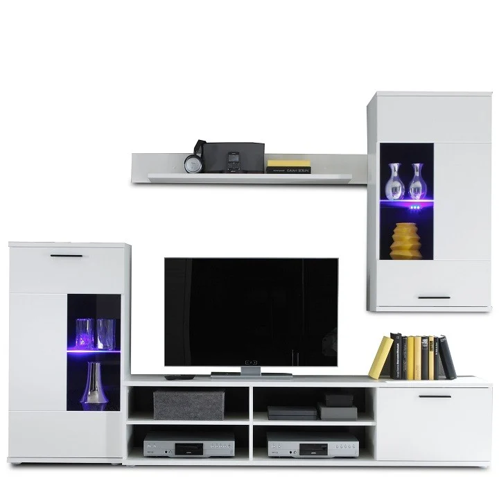 Mobilier de living, cu lumina, alb/sticla clara transparenta, FRONTAL