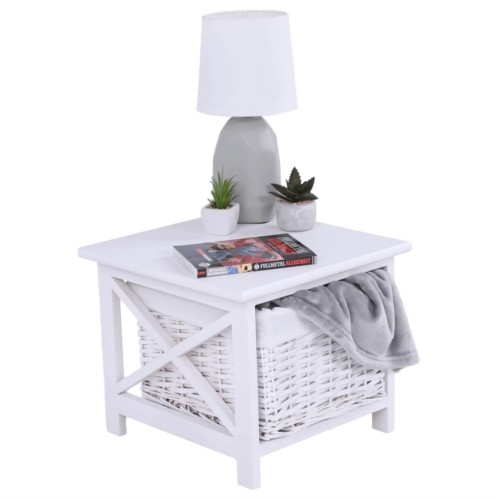 Noptiera lemn/rachita/material textil, alb, RAFAELLO