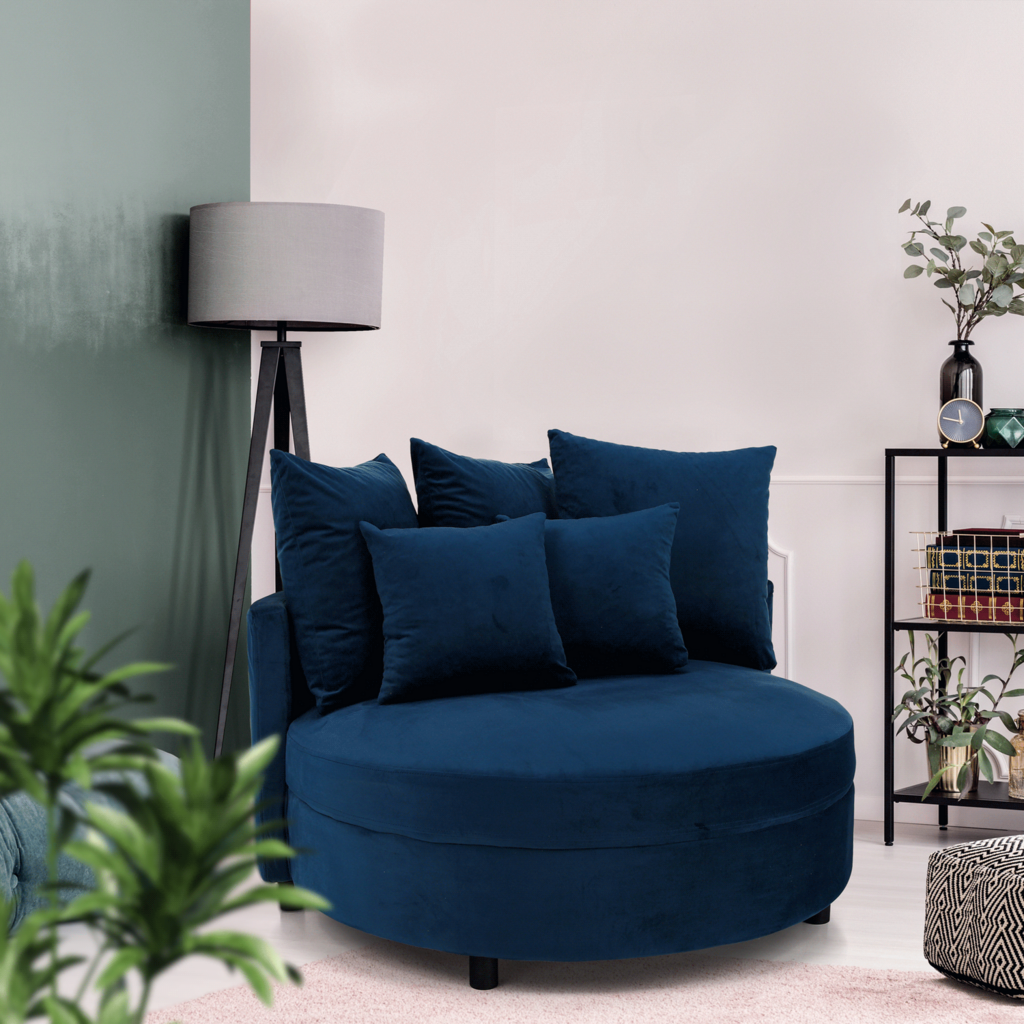 Fotoliu rotund, tesatura albastru din catifea, SALOTO