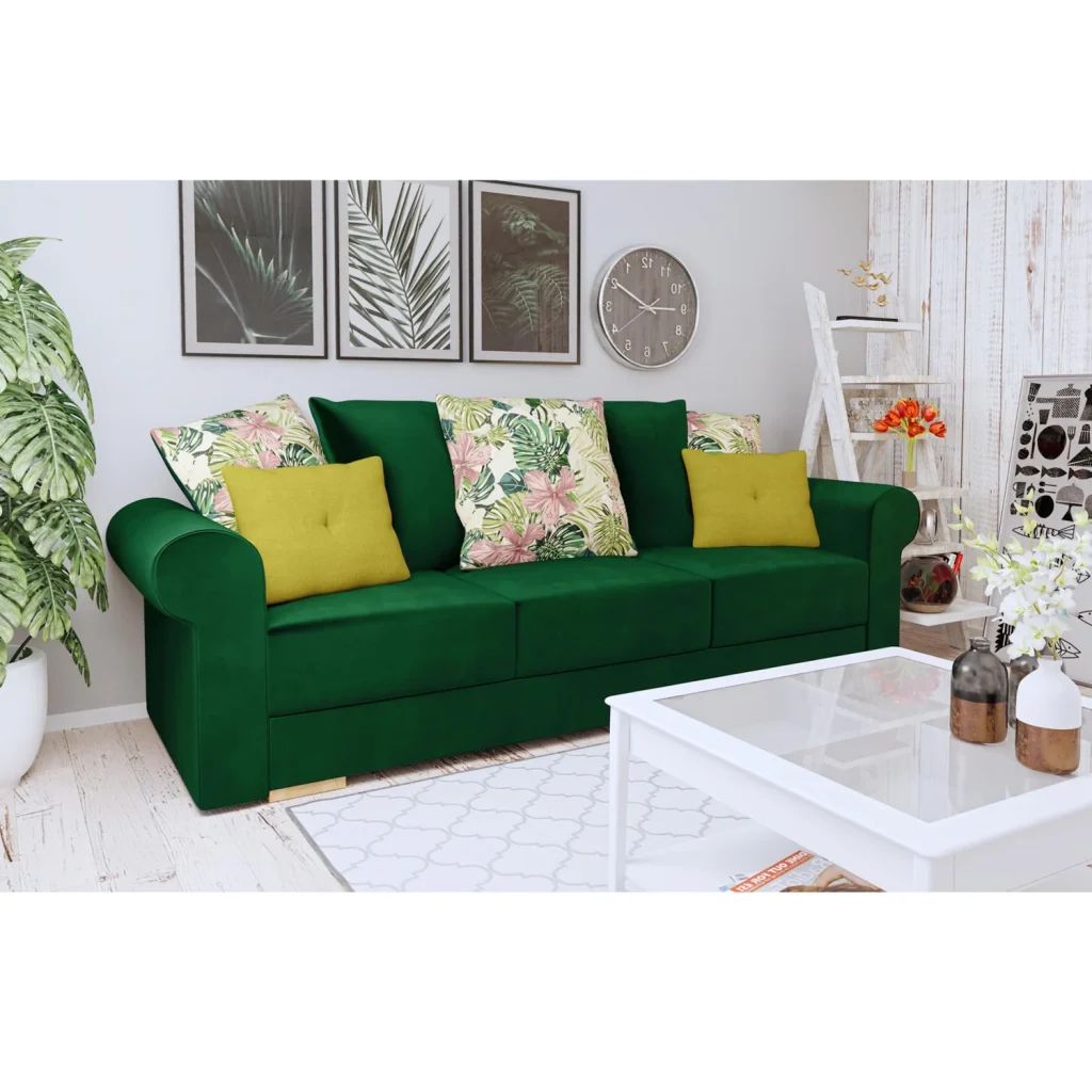 Canapea extensibila cu spatiu de depozitare, verde/galben/cu model, SMOKY