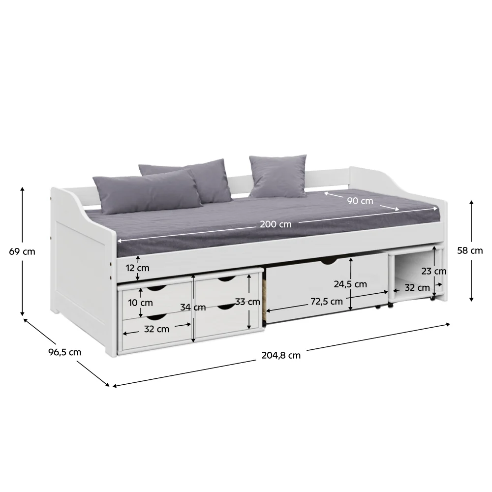 Pat cu spatiu de depozitare, alb, lemn, 90x200 cm, MAXI NEW