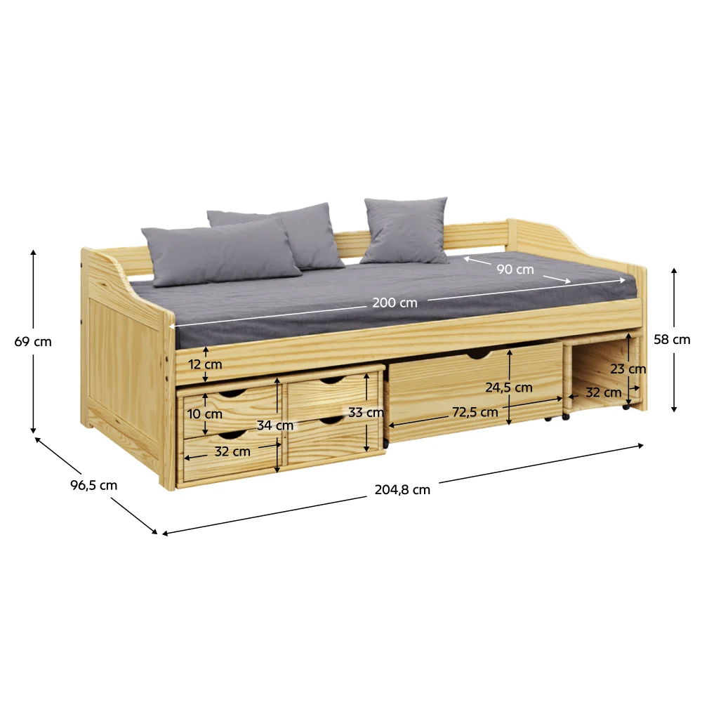 Pat cu spatiu de depozitare, natural, lemn, 90×200 cm, MAXI NEW