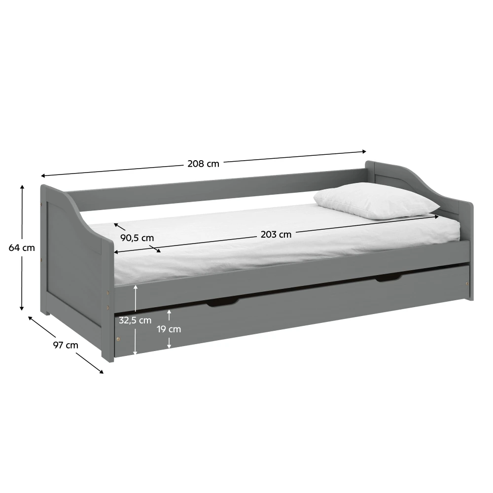 Pat cu pat suplimentar extensibil, gri, lemn, 90x200 cm, LAURA NEW