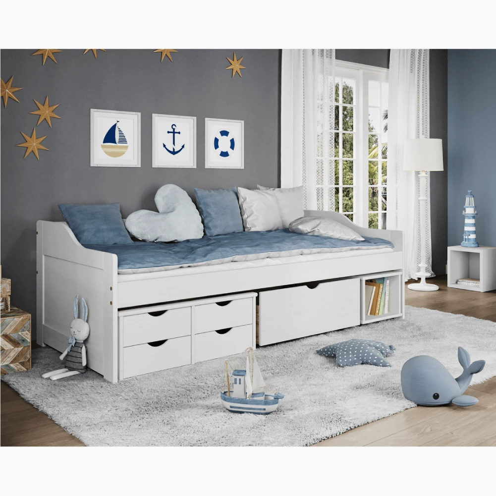 Pat cu spatiu de depozitare, alb, lemn, 90x200 cm, MAXI NEW