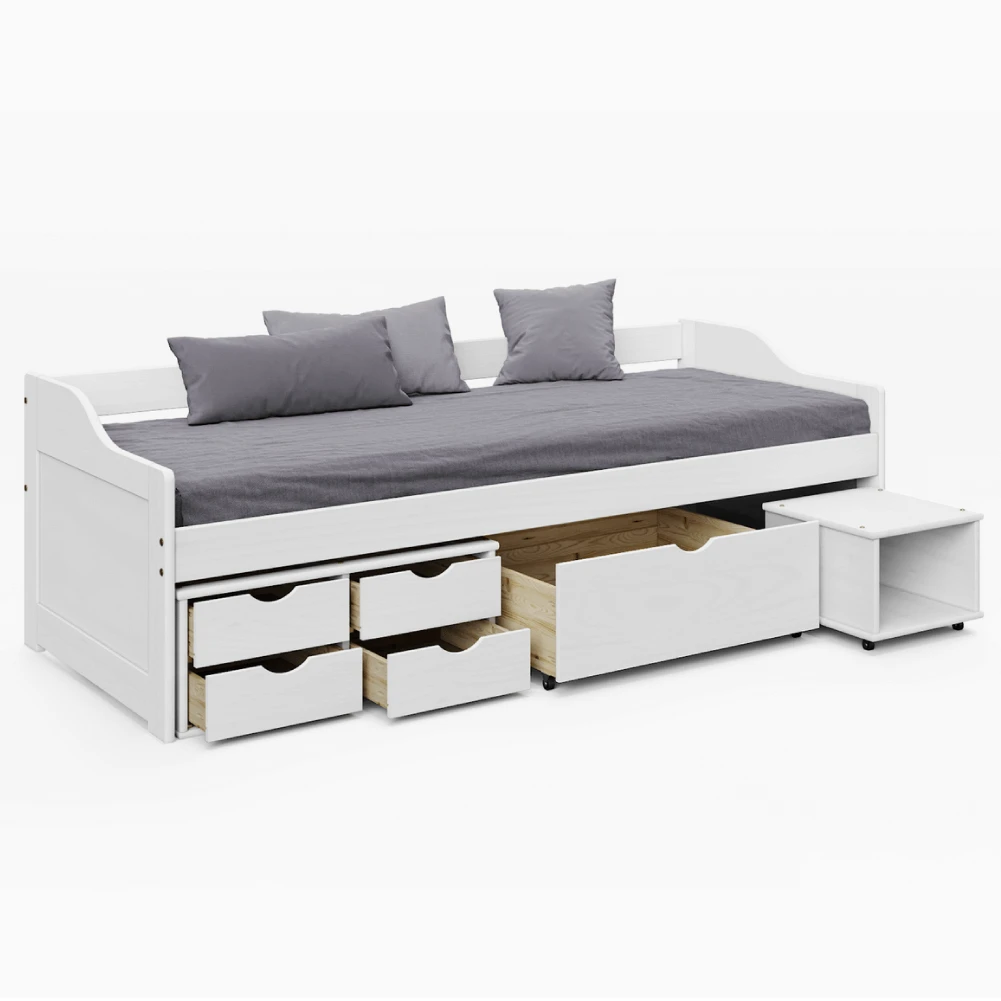 Pat cu spatiu de depozitare, alb, lemn, 90x200 cm, MAXI NEW