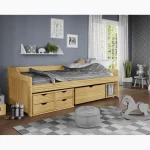 Pat cu spatiu de depozitare, natural, lemn, 90×200 cm, MAXI NEW