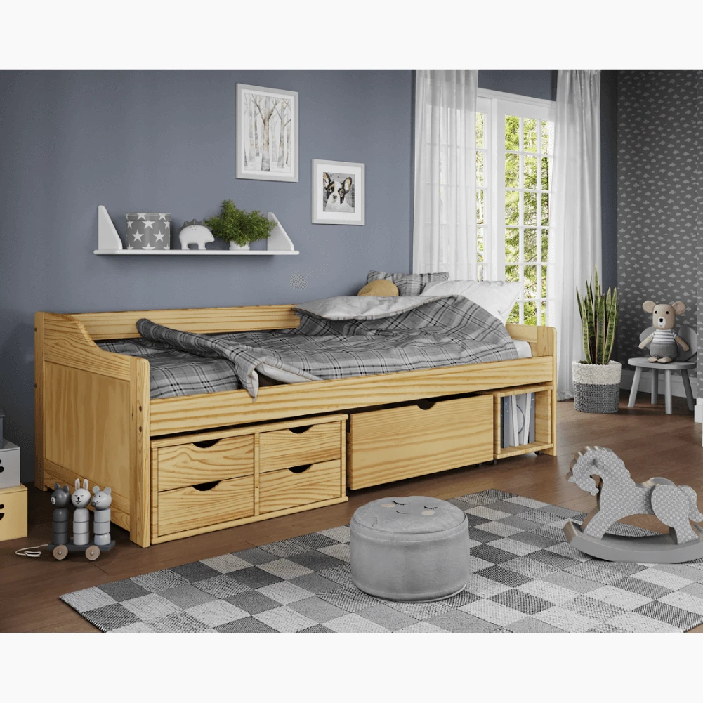 Pat cu spatiu de depozitare, natural, lemn, 90×200 cm, MAXI NEW