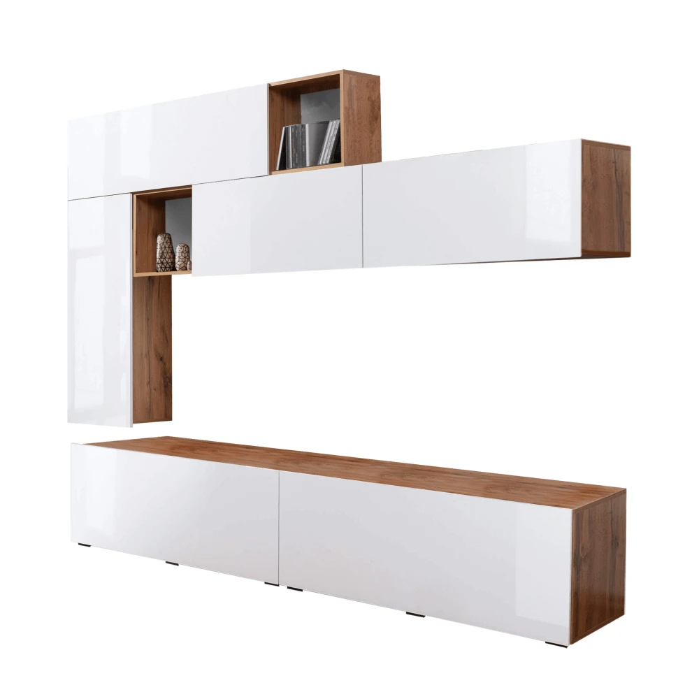 Mobilier living, alb cu luciu extra ridicat HG/stejar wotan, MIRALDA