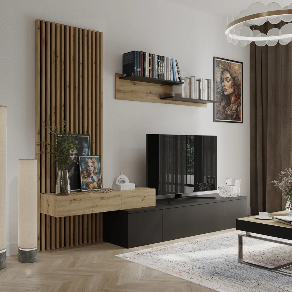 Mobilier living, negru/stejar Artisan, REBEKA PLUS