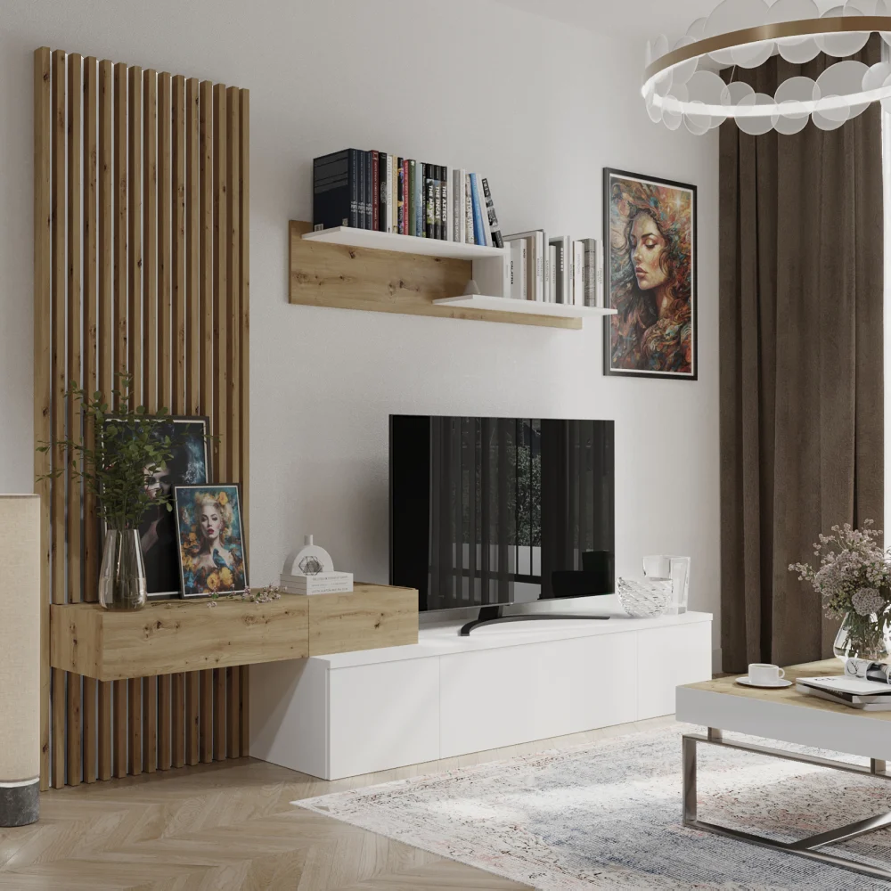 Mobilier living, alb / stejar Artisan, REBEKA PLUS
