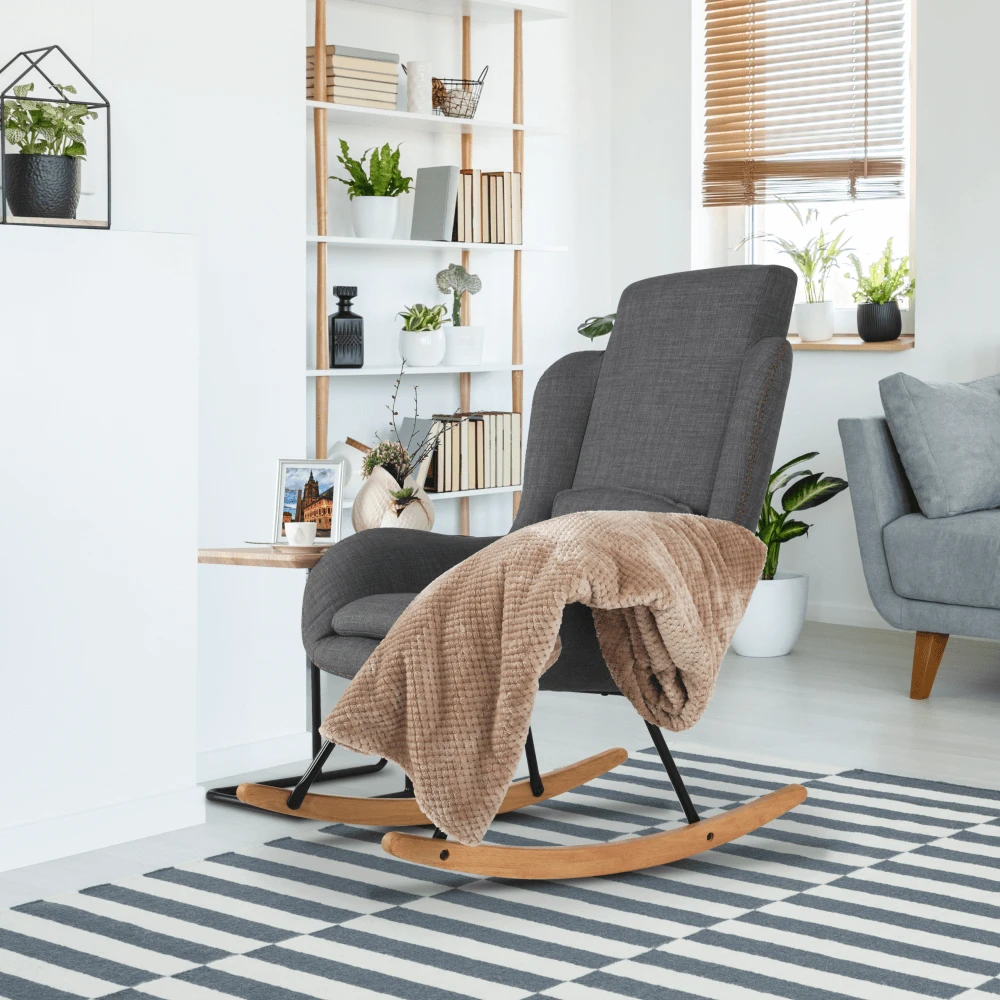 Fotoliu balansoar, material textil gri/lemn, HARPER