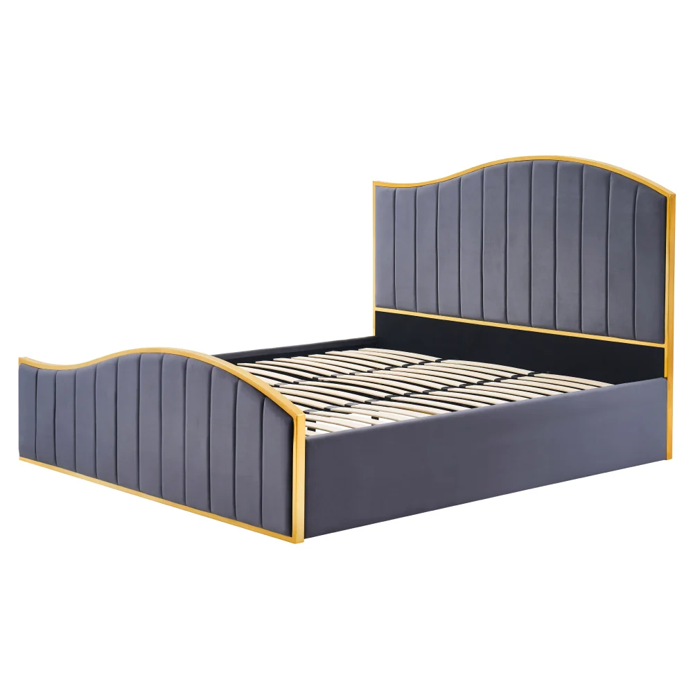 Pat cu somiera, 160x200, gri inchis tesatura Velvet/gold crom auriu, GEORGIA