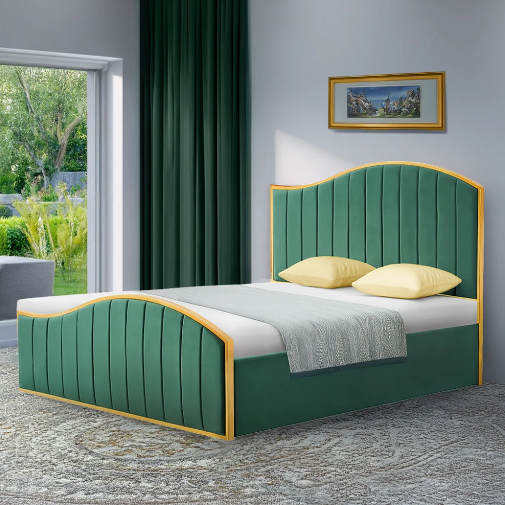 Pat cu somiera, 160x200, verde tesatura Velvet/gold crom auriu, GEORGIA