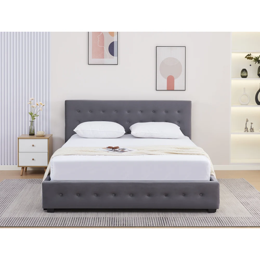 Pat cu spatiu de depozitare, 160x200, gri, MINDY