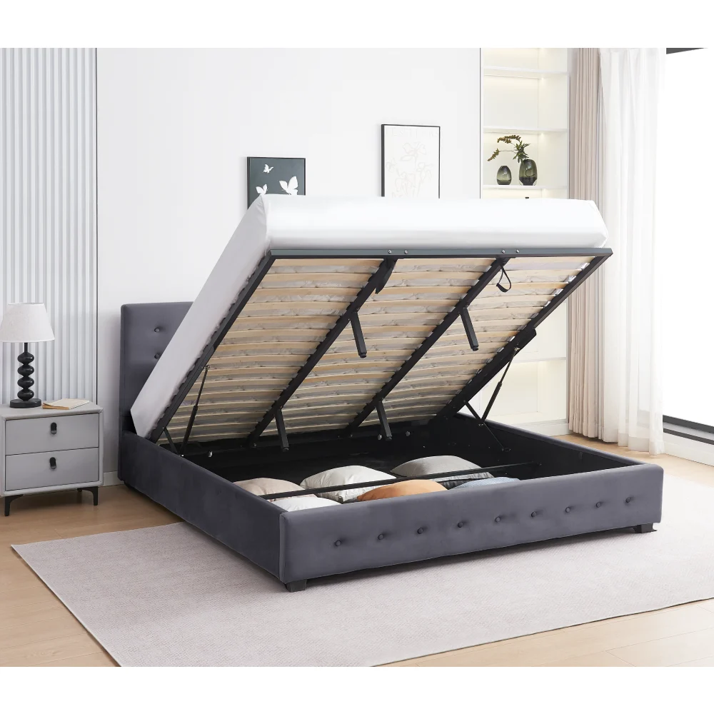 Pat cu spatiu de depozitare, 160x200, gri, MINDY