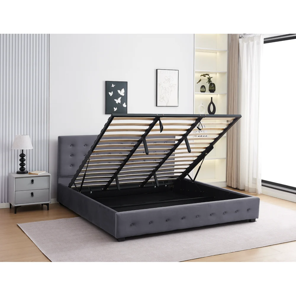 Pat cu spatiu de depozitare, 160x200, gri, MINDY