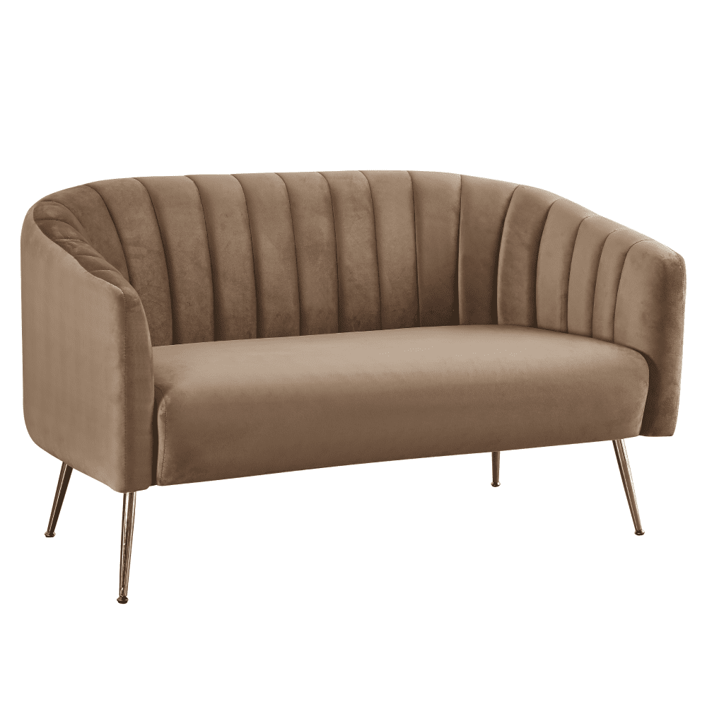 Canapea de design cu 2 locuri, tesatura Velvet maro/gold crom-auriu, BAGY