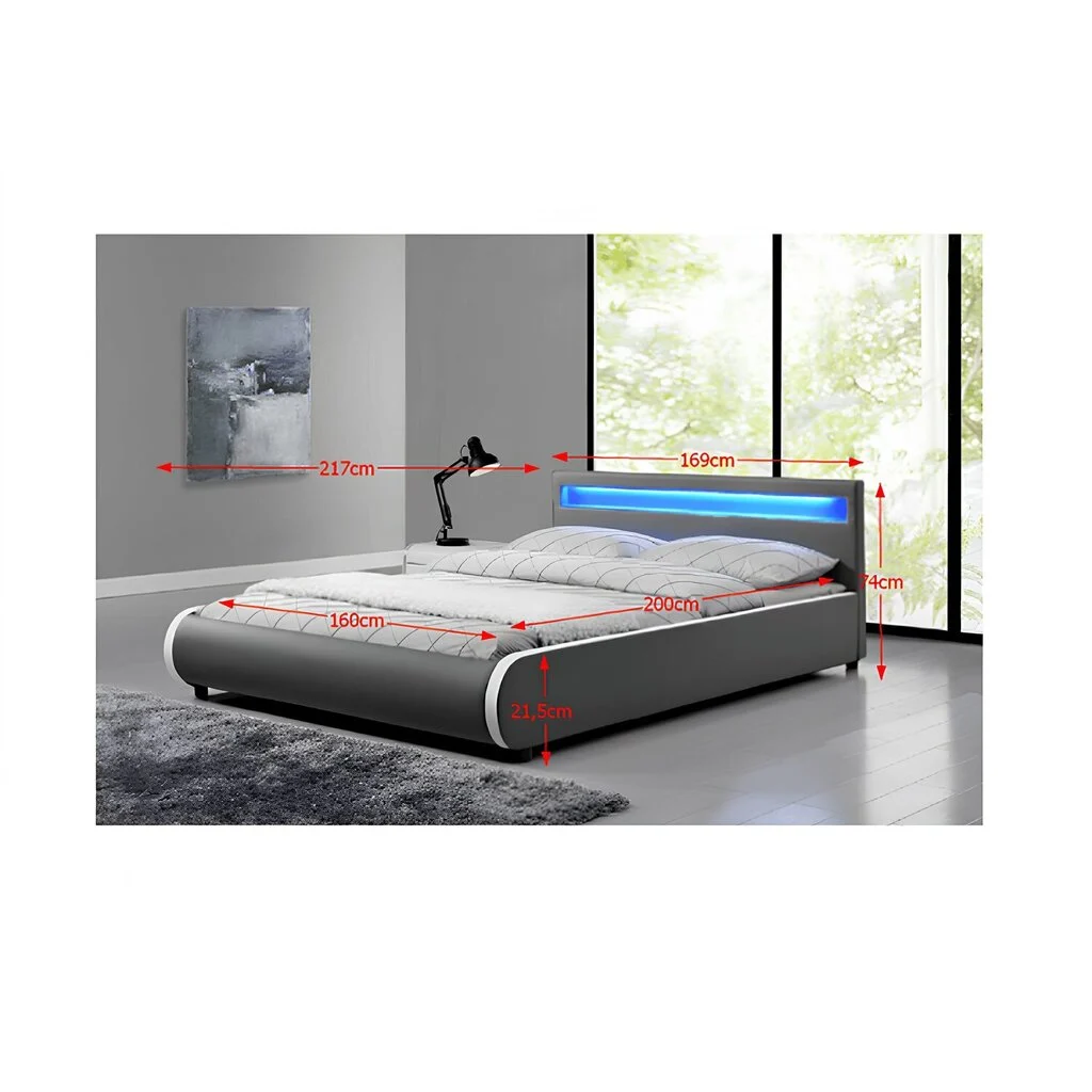 Pat matrimonial cu RGB LED iluminare, gri, 160x200, DULCEA