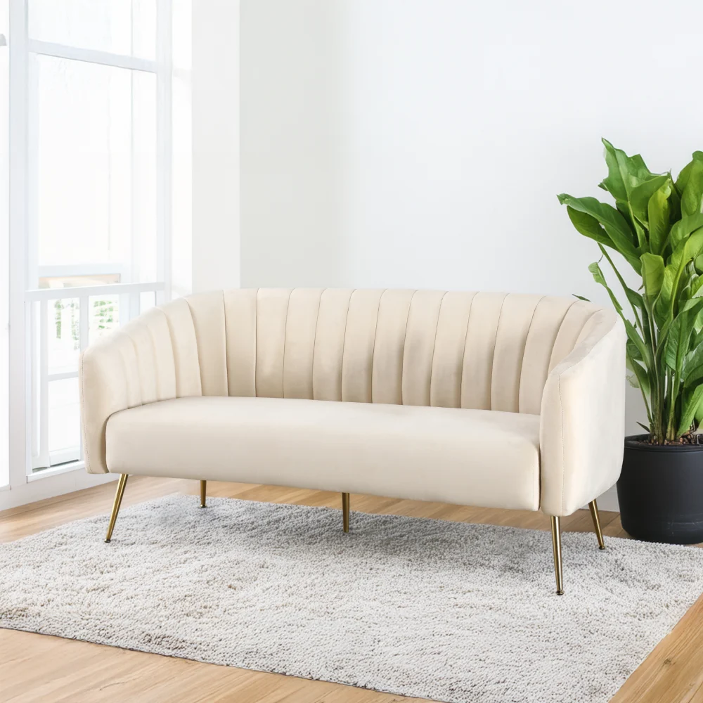 Canapea de design cu 3 locuri, tesatura Velvet bej/gold crom-auriu, BAGY