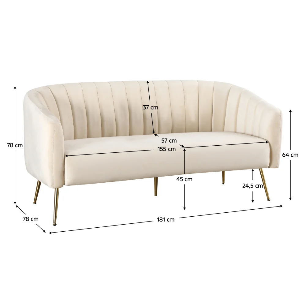 Canapea de design cu 3 locuri, tesatura Velvet bej/gold crom-auriu, BAGY