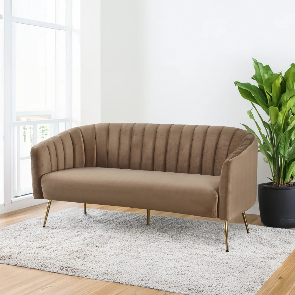 Canapea de design cu 3 locuri, tesatura Velvet maro/gold crom-auriu, BAGY