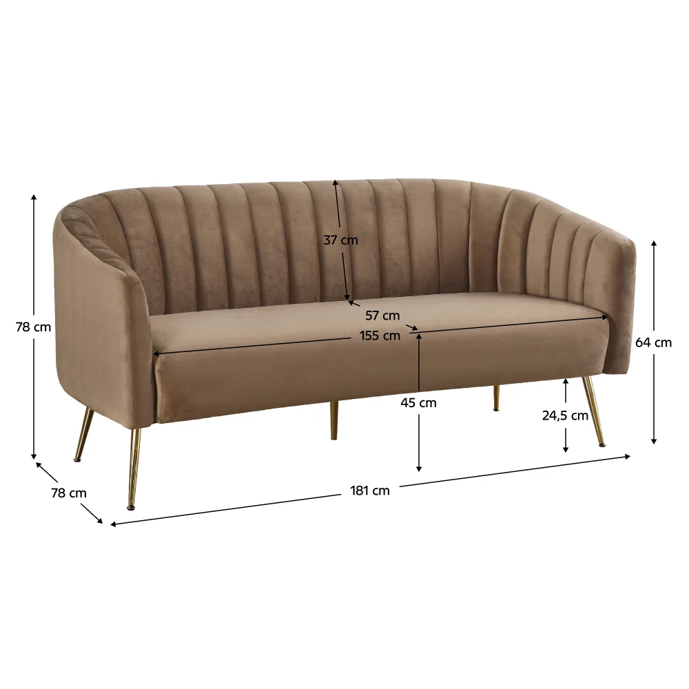 Canapea de design cu 3 locuri, tesatura Velvet maro/gold crom-auriu, BAGY