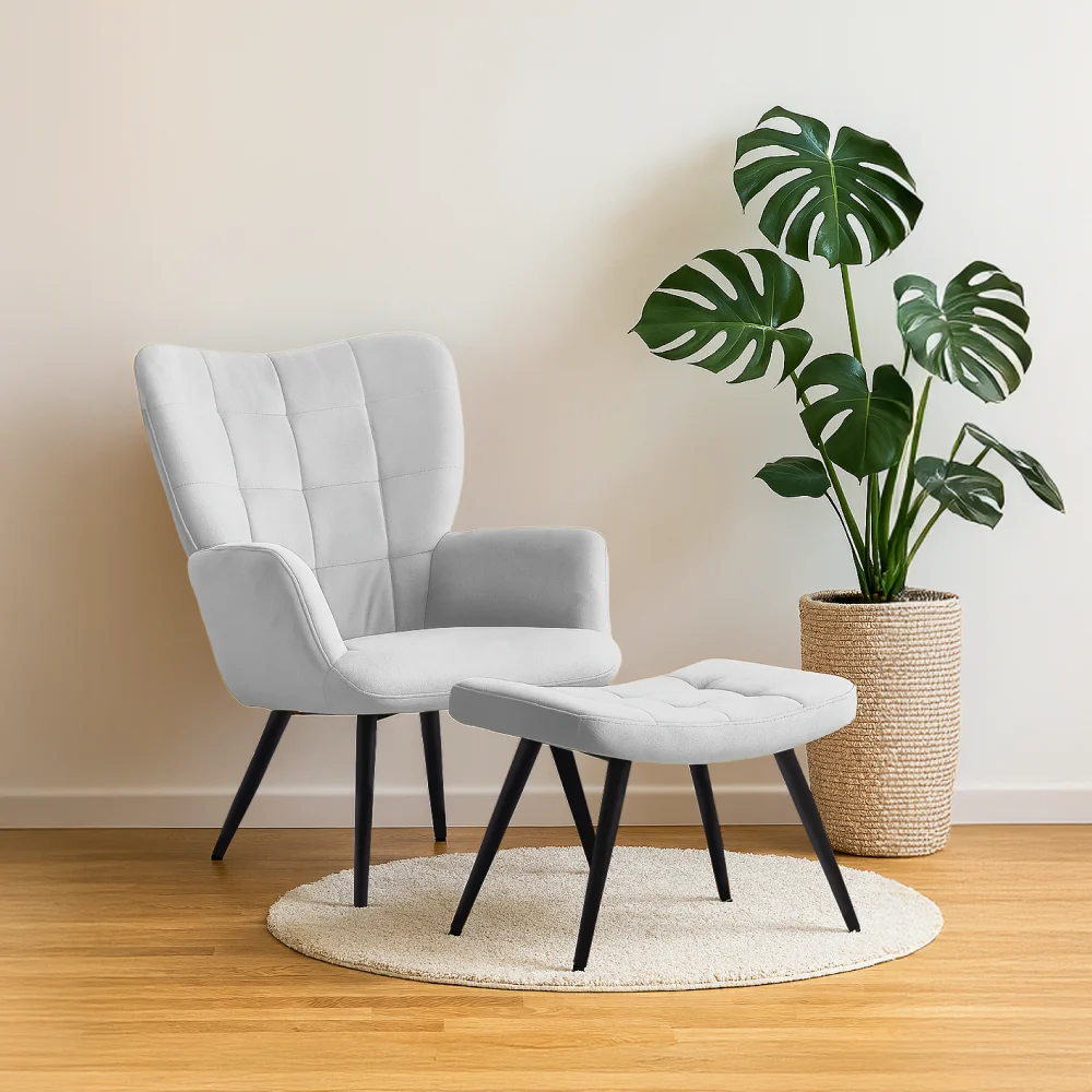Fotoliu cu suport pentru picioare, gri deschis tesatura Velvet/negru, HABEN