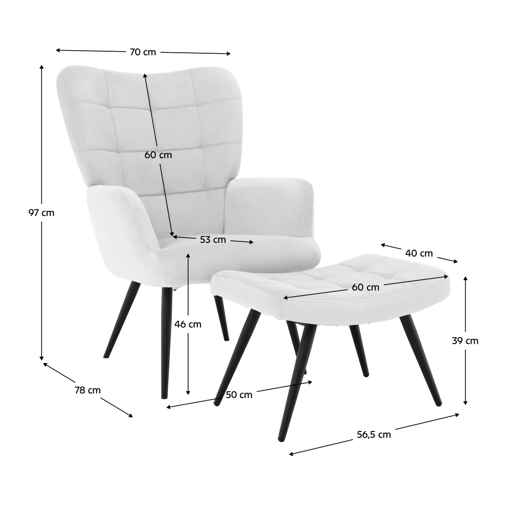 Fotoliu cu suport pentru picioare, gri deschis tesatura Velvet/negru, HABEN