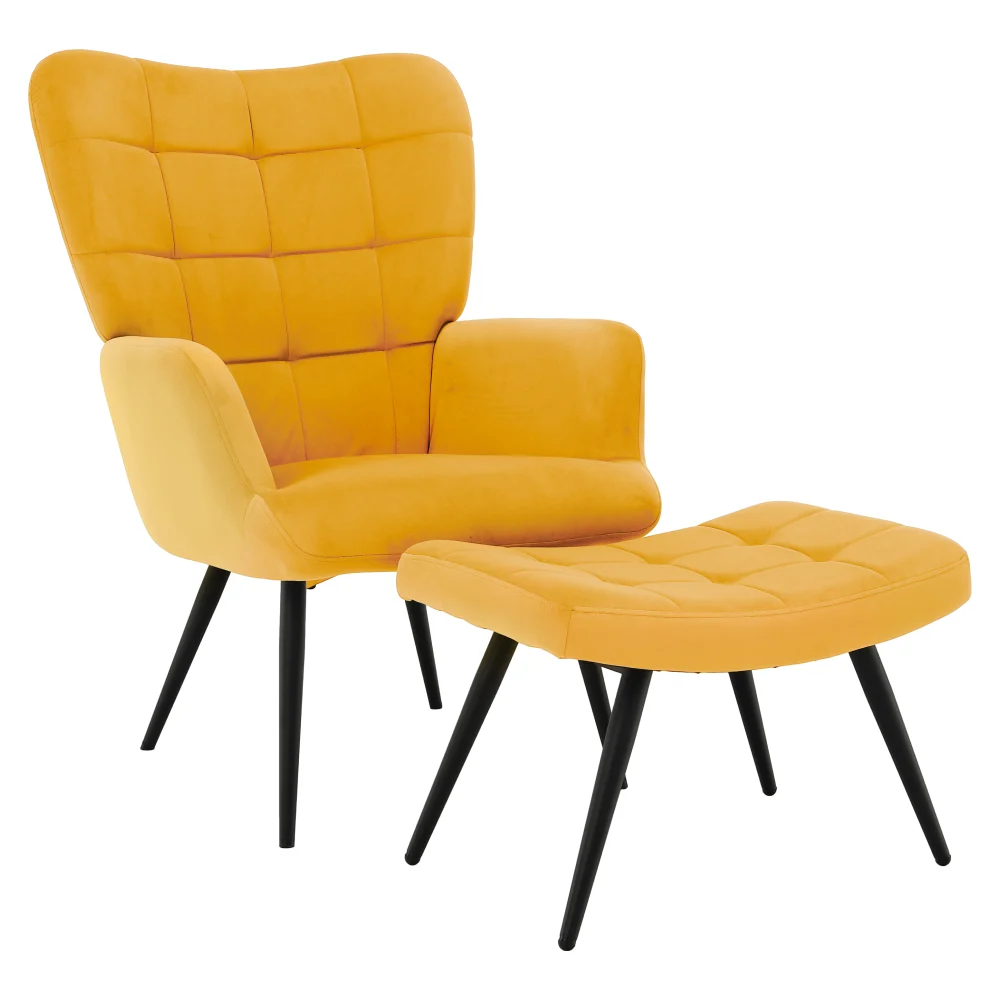 Fotoliu cu suport pentru picioare, galben tesatura Velvet/negru, HABEN