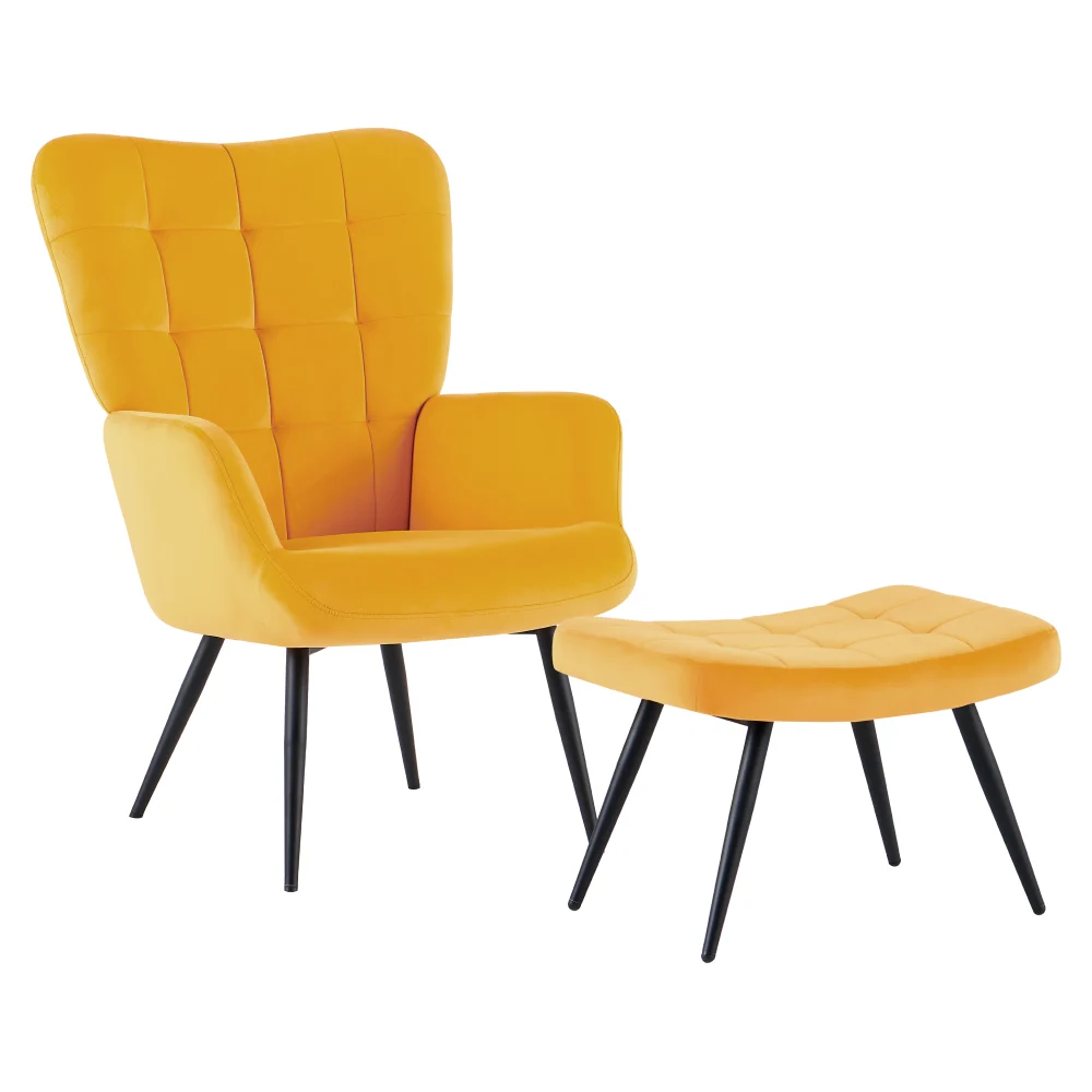 Fotoliu cu suport pentru picioare, galben tesatura Velvet/negru, HABEN