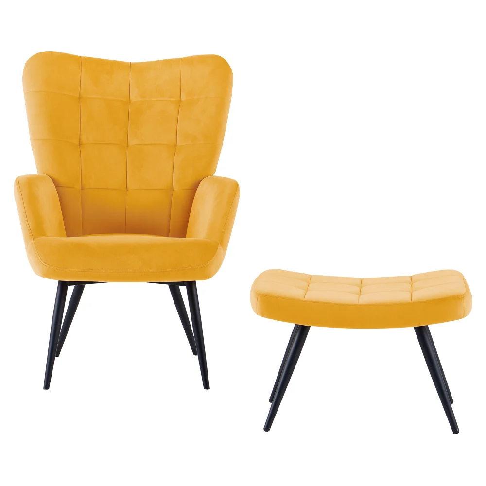 Fotoliu cu suport pentru picioare, galben tesatura Velvet/negru, HABEN