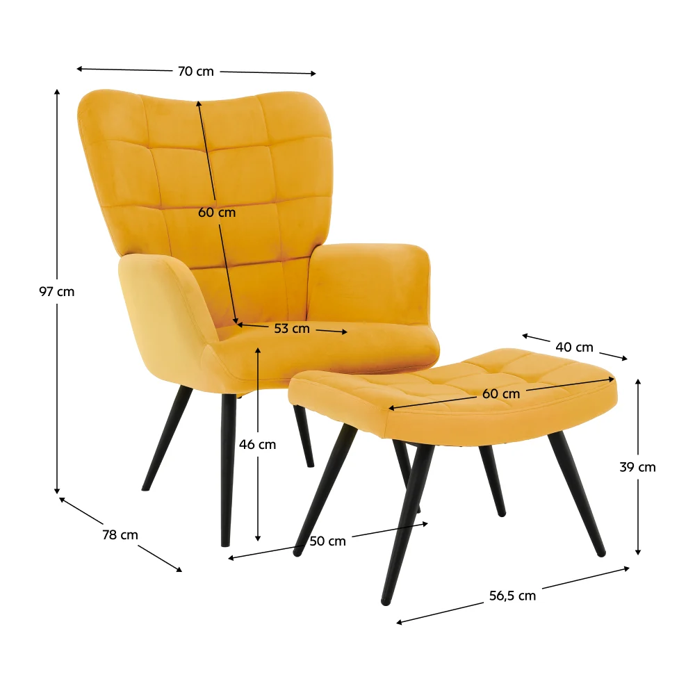 Fotoliu cu suport pentru picioare, galben tesatura Velvet/negru, HABEN